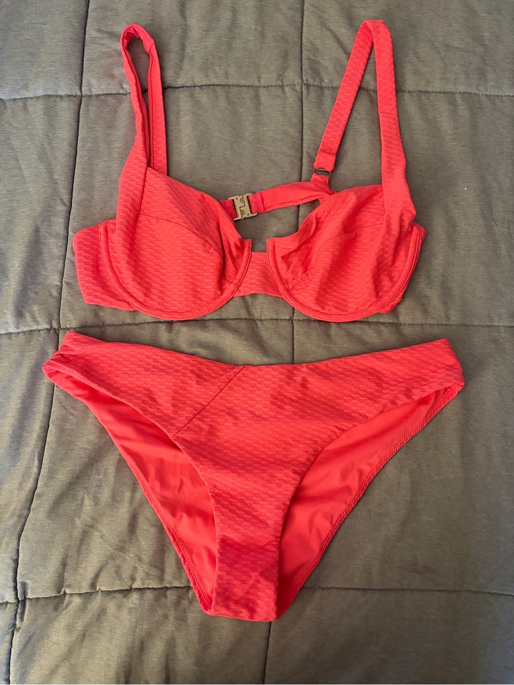 Hot Pink Textured Underwire Bikini Set - Women Swim